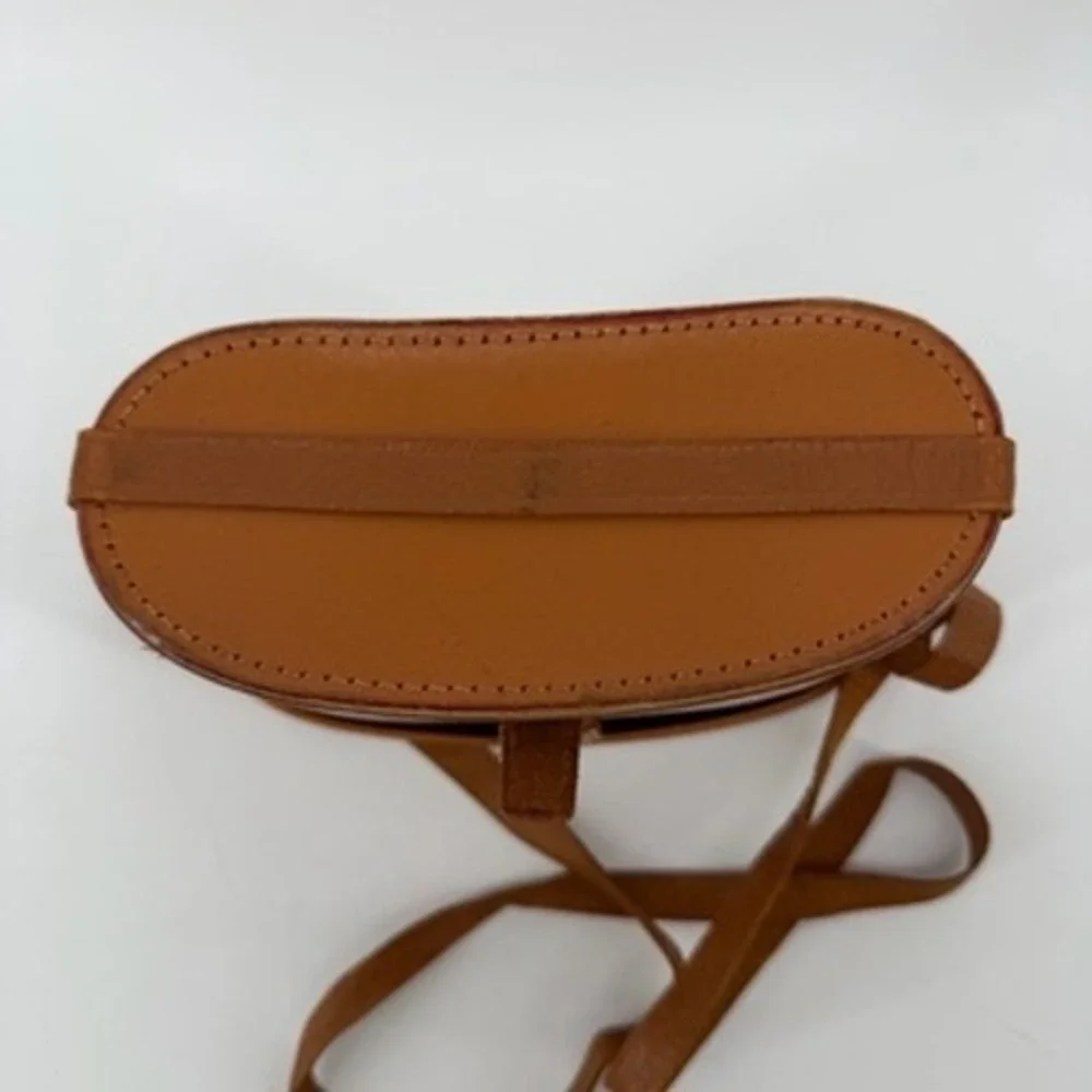 Vintage Tan Leather Hard Shell Binocular Case Purple Velvet Lined Crossbody Bag